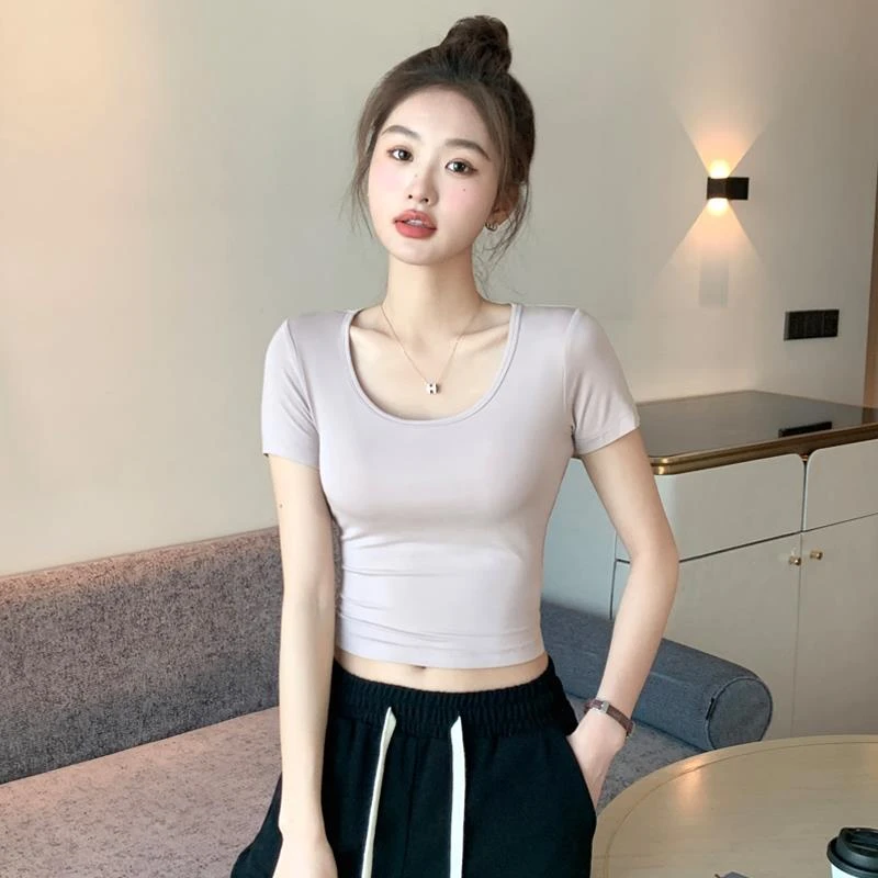 莫代尔短款t恤女夏季U领短袖高腰露脐上衣薄款冰丝面膜低领半袖潮