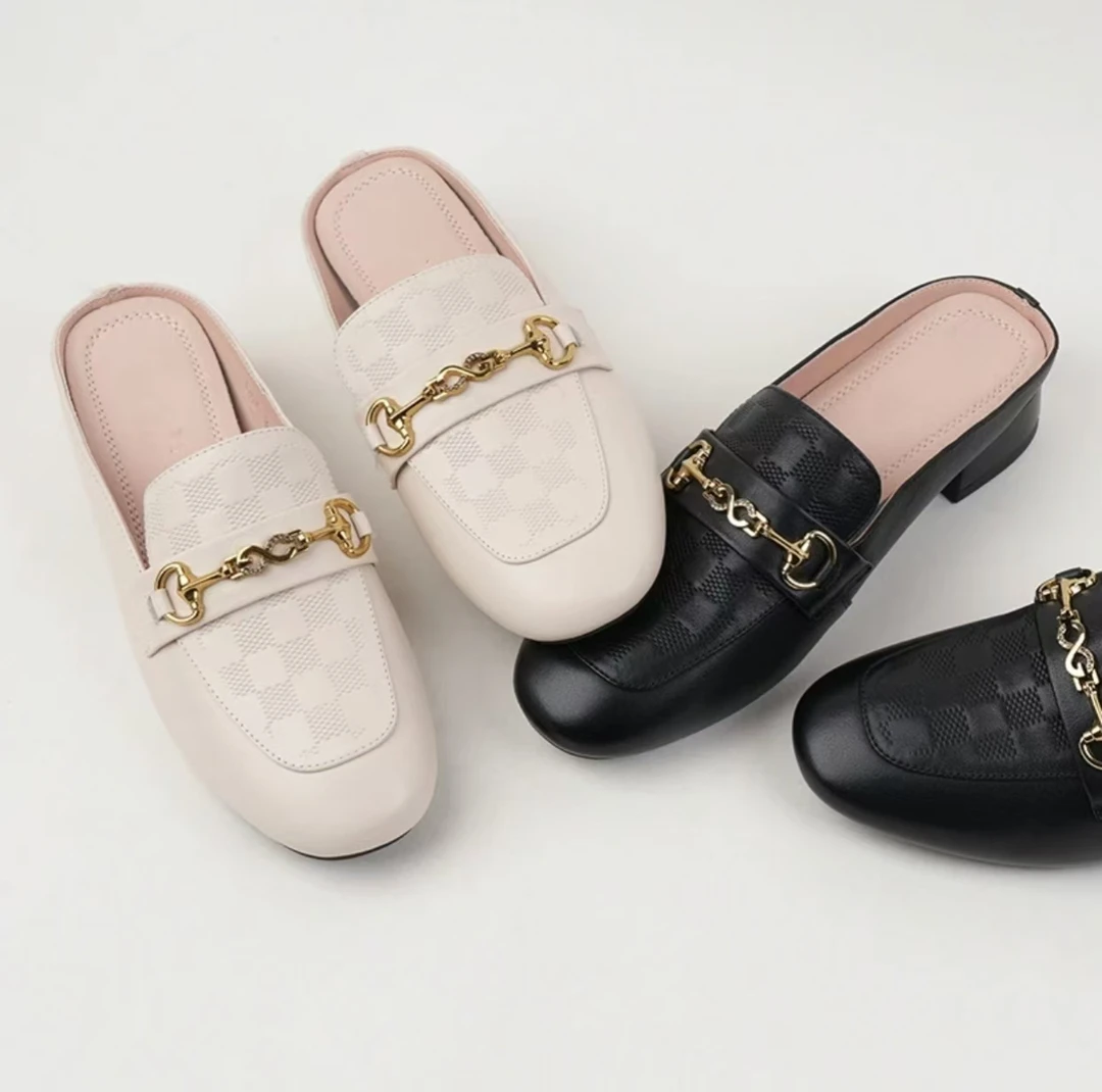 【翘颜品牌】2025春夏款上新时尚百搭舒适软底格子纹半托女鞋7688