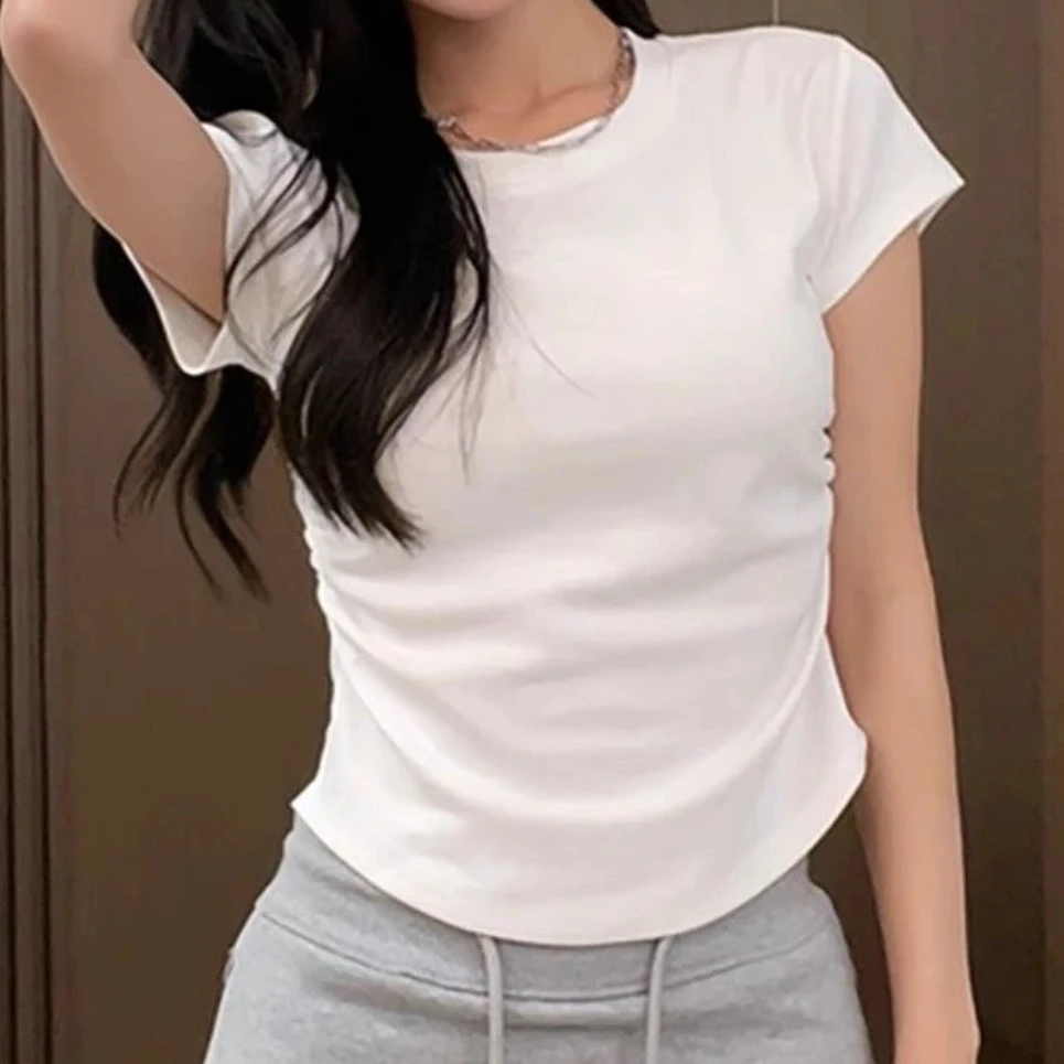 白色正肩t恤女短袖T恤女夏季新款百搭设计感小众洋气短款显瘦上衣