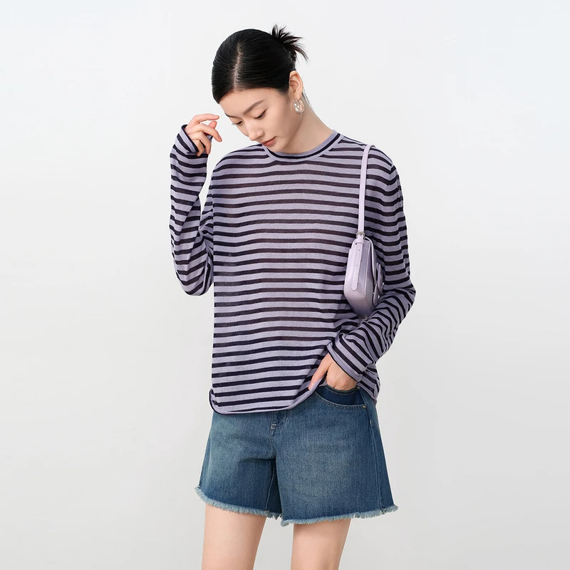 dunnu敦奴2025夏季新款圆领长袖宽松休闲条纹针织衫女
