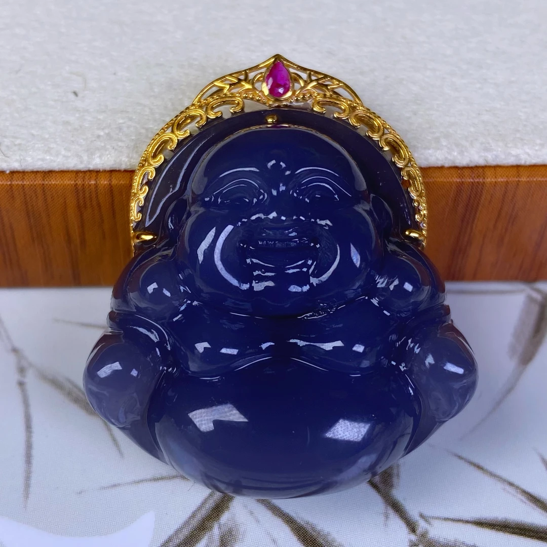 天然和田玉青海料精品烟紫罗兰大肚佛公18K金镶嵌吊坠挂件女@0023