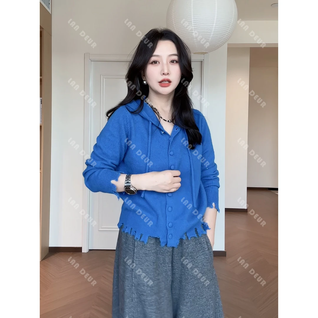 【南洋旧梦】羊毛兔毛山羊绒韩系时尚休闲显白连帽毛边针织开衫女