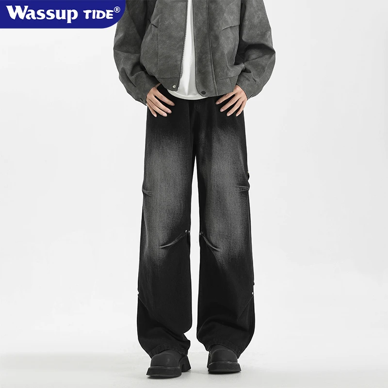 WASSUPtide春季新款做旧水洗牛仔裤男款褶皱铆钉直筒阔腿微喇长裤