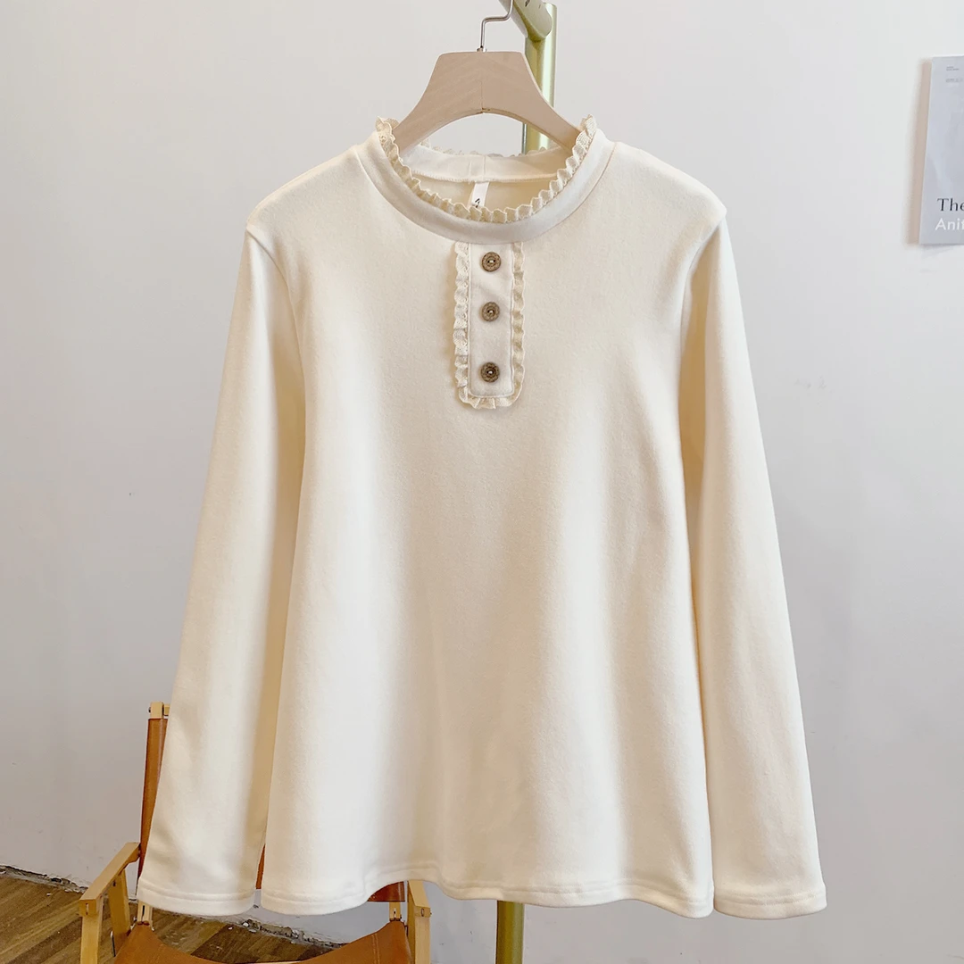 三粒扣C5192磨毛德绒三粒扣蕾丝边圆领长袖T恤