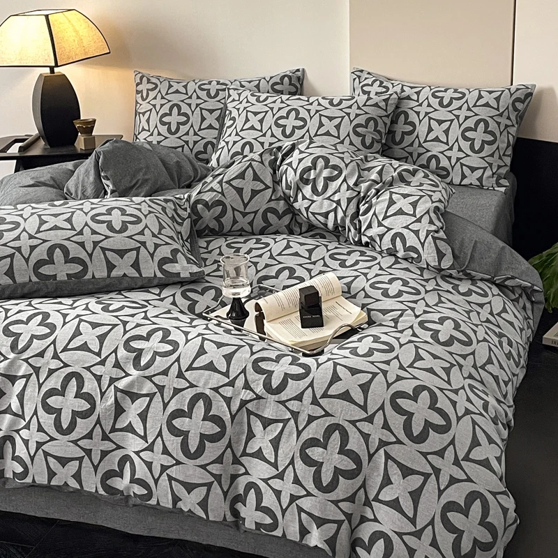 【晴美】全棉色织三层纱大提花四件套-四叶花-灰