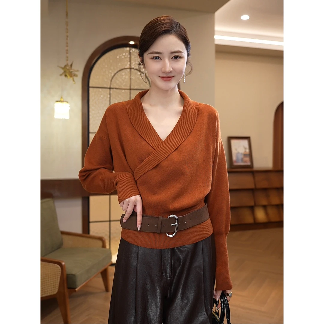 2025秋冬新款【8398】含绵羊毛洋气老钱风设计多色V领针织衫毛衣女