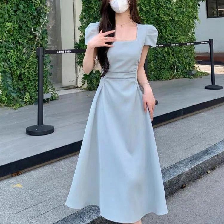 2025年夏季蓝色方领连衣裙子女夏季高级感初恋仙女长裙
