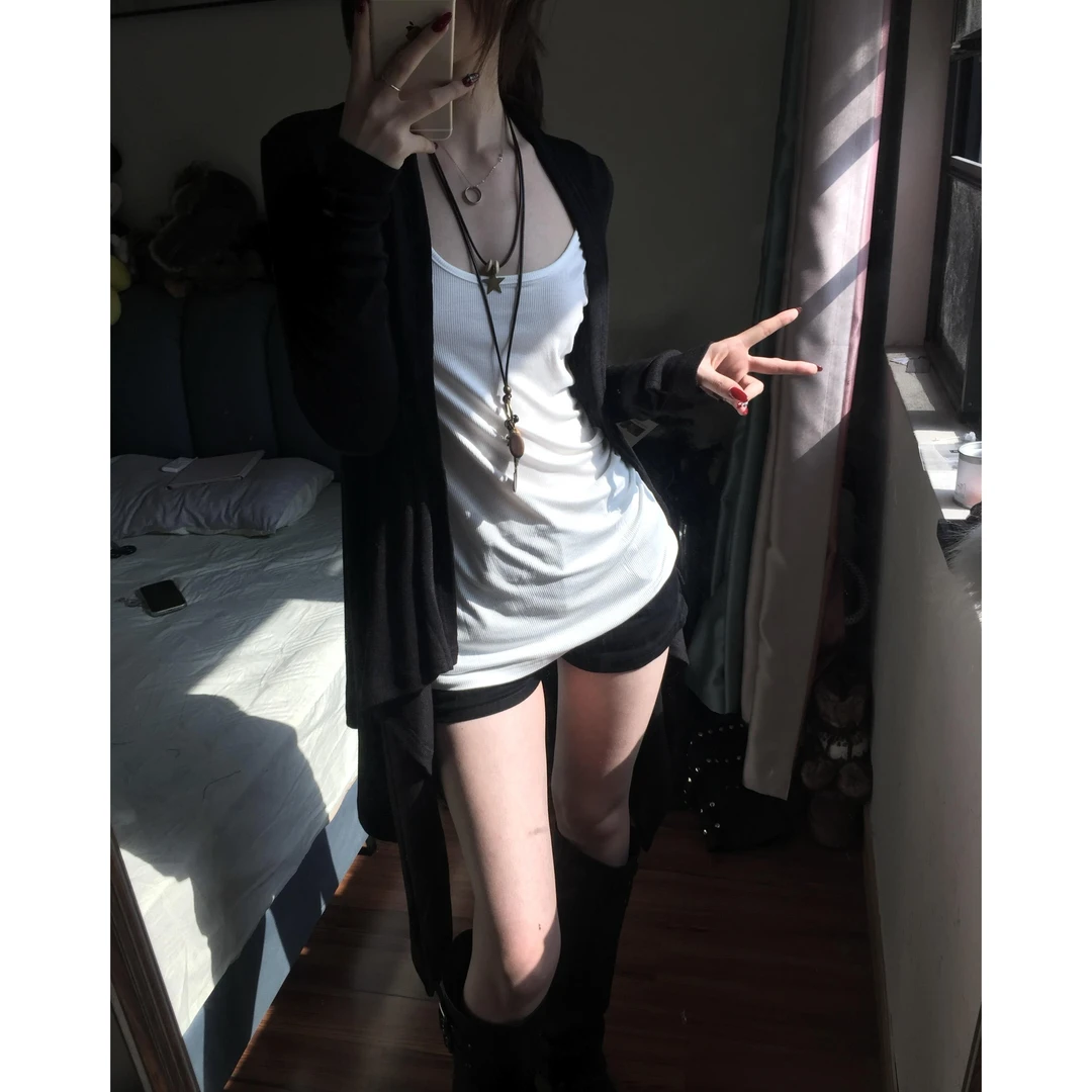 气质暗黑开衫慵懒简约修身显瘦别致不规则下摆长袖外套+背心