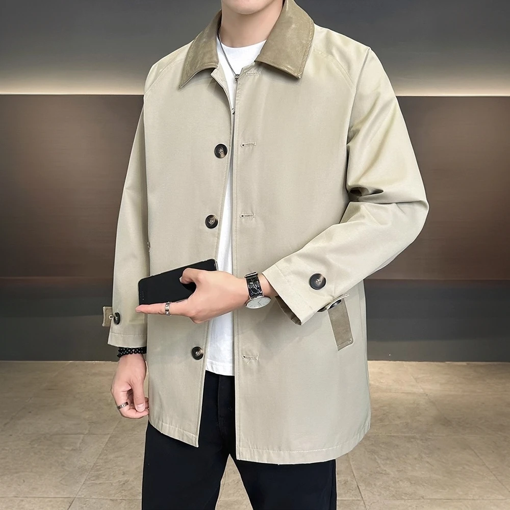 莱蒙璀拼接翻领中长款风衣外套男士秋季时尚潮流休闲宽松百搭大衣