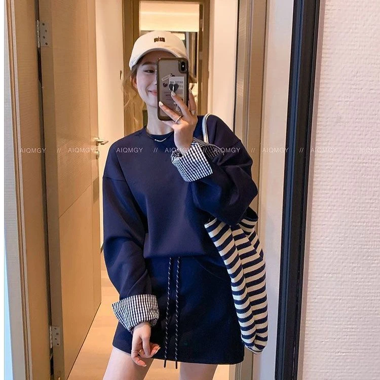 配条纹披肩 叠穿韩系宽松长袖卫衣高腰抽绳半身裙女早秋两件套