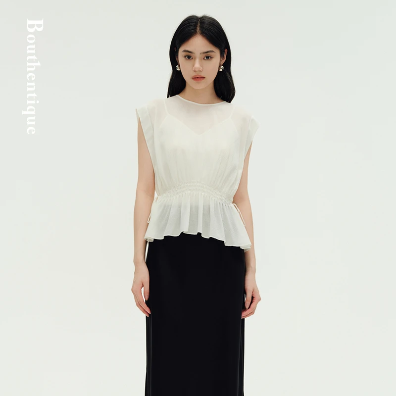 Bouthentique宽肩盖袖设计收腰无袖上衣225251F1S41
