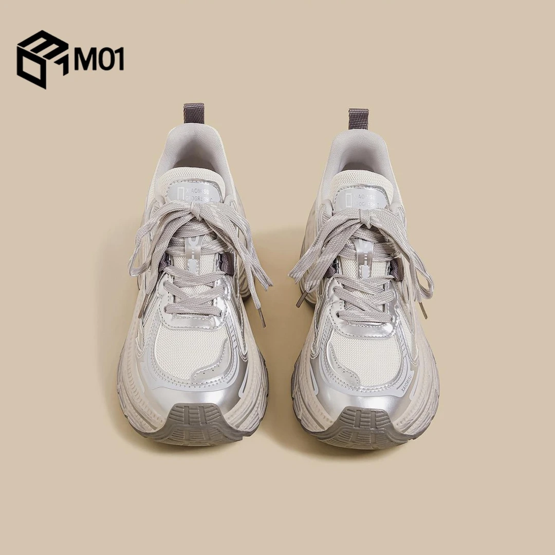 M01秋冬季新款厚底老爹鞋女银色重工运动慢跑鞋港风小个子休闲鞋