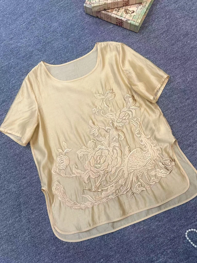 深圳南油女装新中式国风刺绣短袖上衣女--001