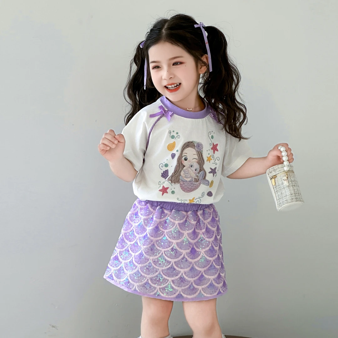 女童夏套装2025新款小女孩夏季美人鱼短袖裙子两件套儿童夏装衣服