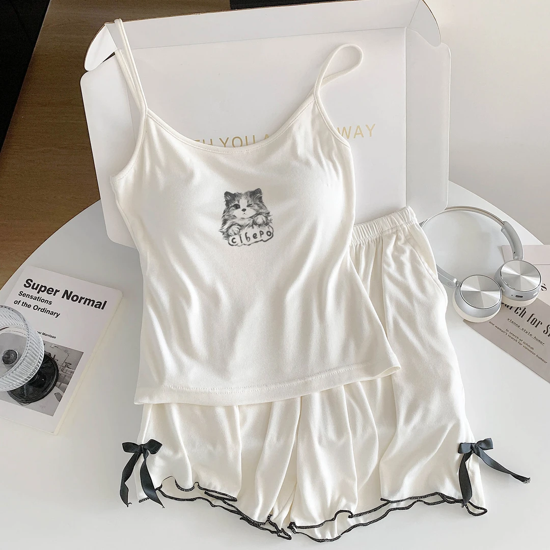 可爱猫咪莫代尔棉带胸垫吊带短裤睡衣女士夏季新款简约家居服套装