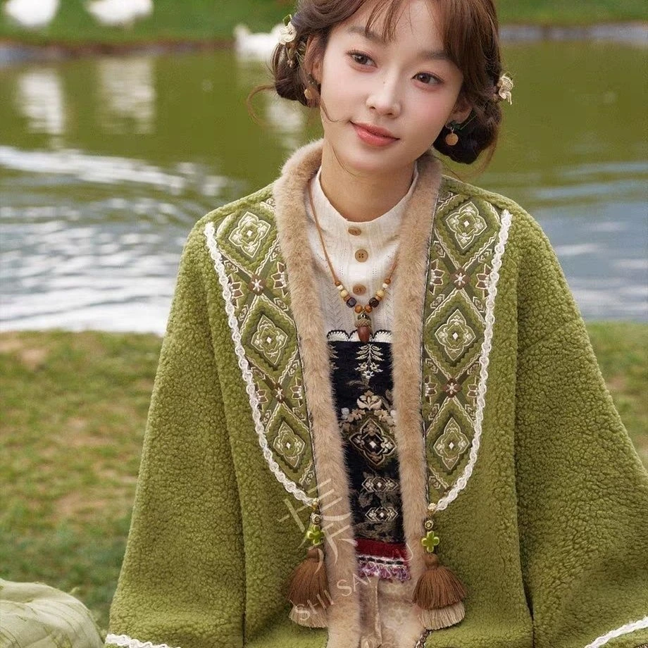 秋冬新款羊羔绒外套连衣裙国风套装女