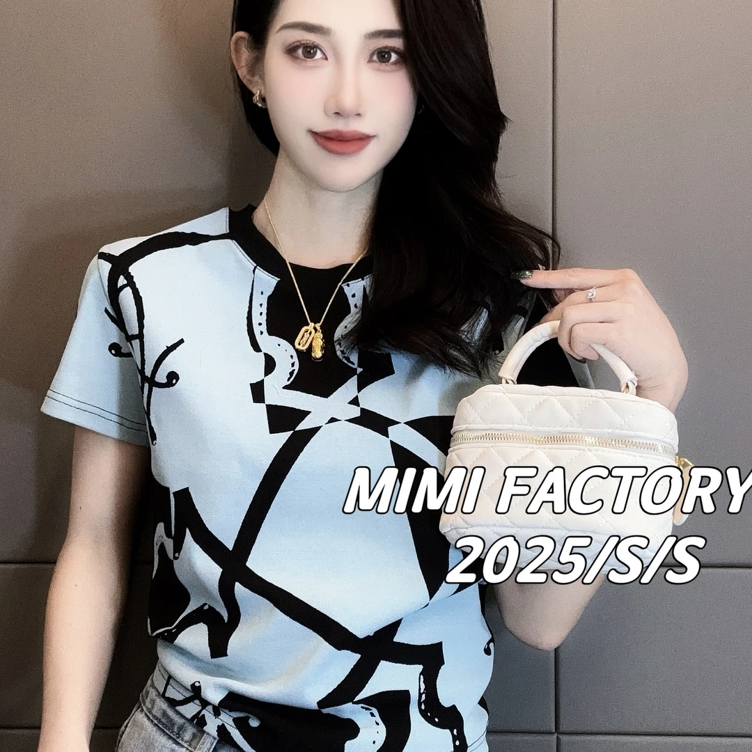 芈芈 2025新款短袖 高级感圆领满印短袖T恤女显瘦百搭上衣