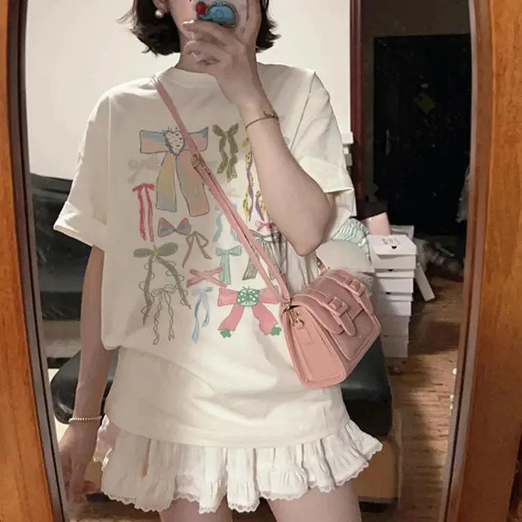 短袖T恤慵懒风蝴蝶结印花夏季百搭宽松学生潮牌半袖上衣少女休闲