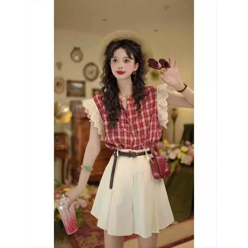 港风御姐套装女无袖格纹衬衫上衣ootd穿搭新款高级白色半身裙潮