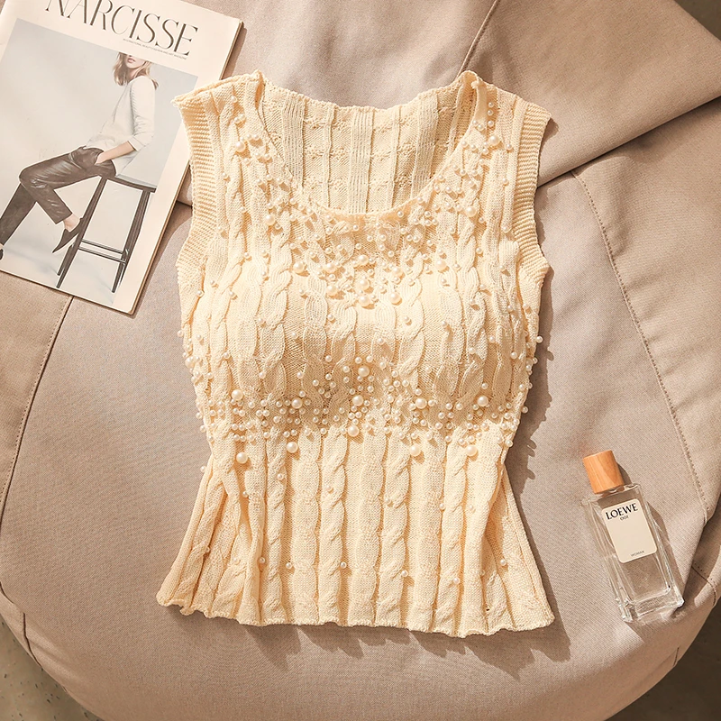 高级感重工镶珠针织圆领吊带背心女夏季轻奢时尚内搭修身无袖上衣