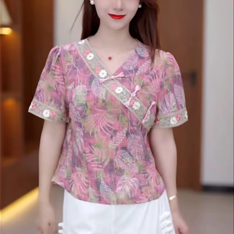 2025夏季新中式小衫优雅斜襟盘扣洋气显瘦减龄短袖碎花旗袍上衣