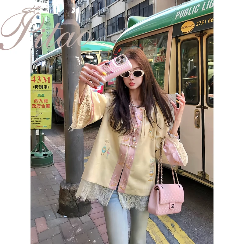 杜屁屁桃PITAO原创【春时花序】新中式刺绣提花外套显瘦微喇裤