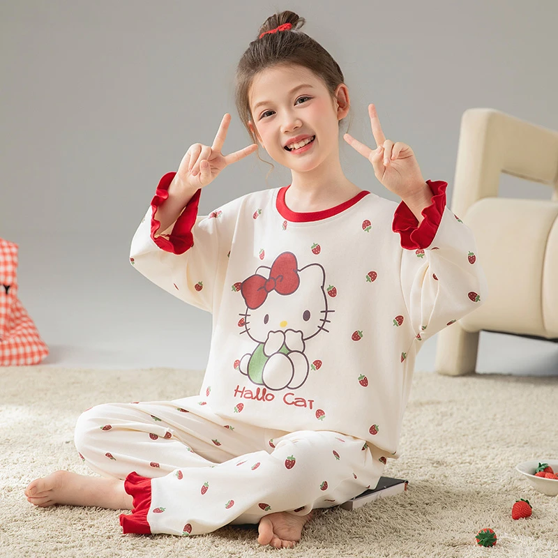 秋季纯棉儿童睡衣中大童长袖休闲圆领家居服女童宽松套装亲子装秋