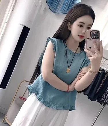 高品质夏日绝美洋气显瘦孔雀蓝色时尚休闲减龄无袖上衣