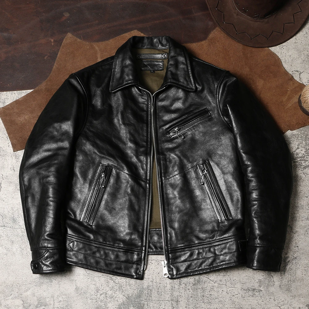 穆赫兰道木盒马皮夹克 复古男士翻领短款修身皮外套 蜡染植鞣皮衣