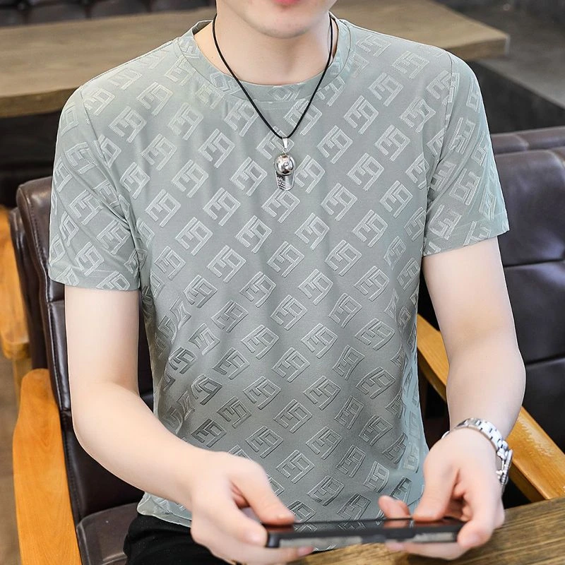 夏季冰丝男t恤衣休闲新款时尚男士短袖圆领百搭薄款透气修体恤男