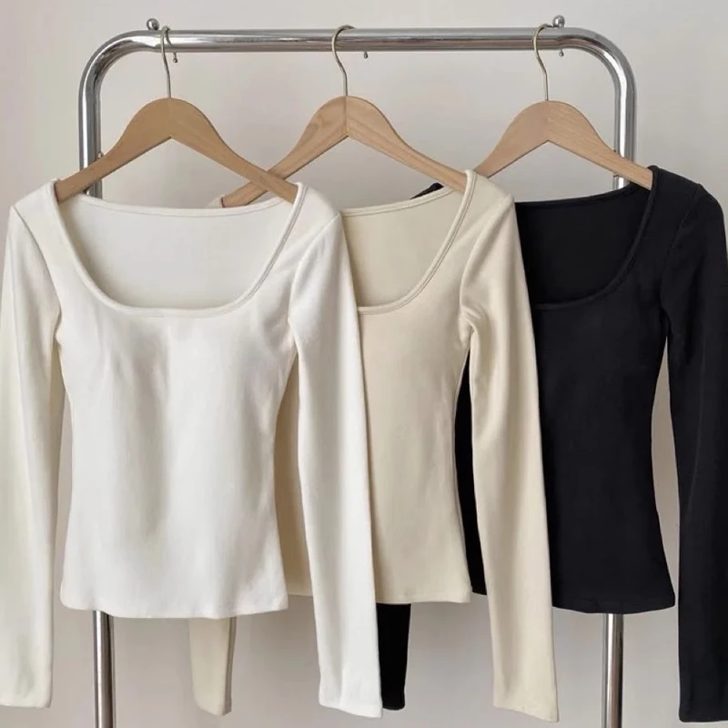 纯欲方领打底衫女秋冬季2025新款内搭带胸垫低领长袖t恤白色上衣