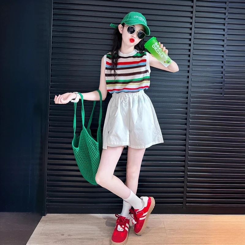 女童韩版夏日穿搭套装2025新款中大童多巴胺背心上衣夏季女孩衣服