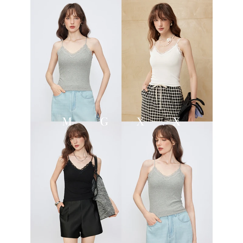 MG小象2025年夏新品蕾丝雕花设计感免文胸吊带背心T恤M825Z06492