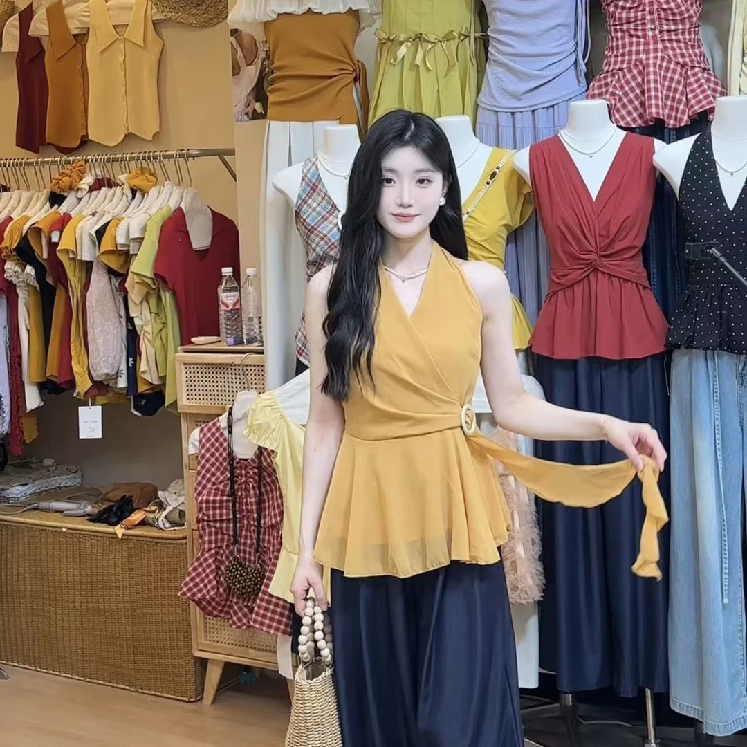 夏季温柔气质木扣飘带挂脖V领无袖小衫不可拆卸腰带