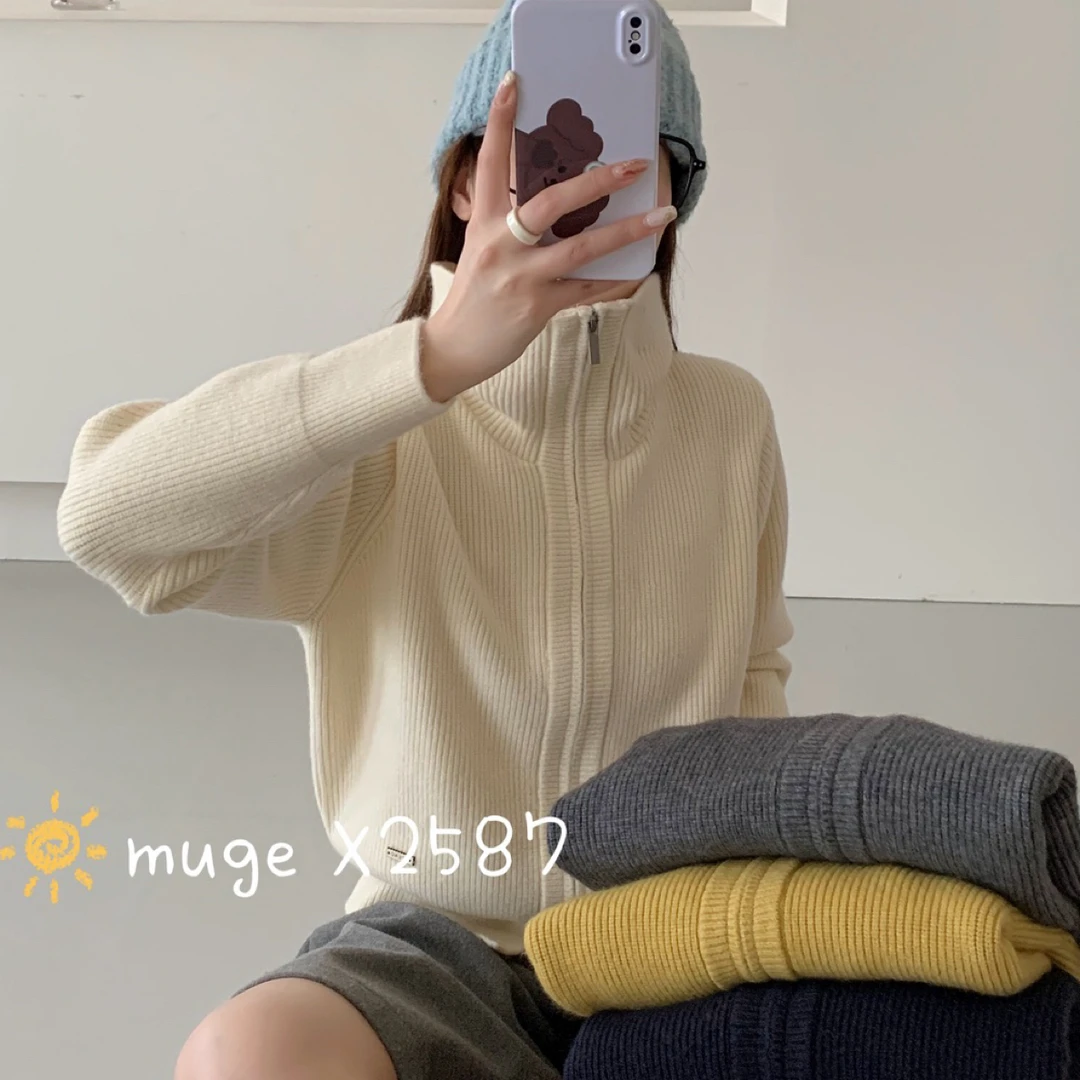 2587翻领双拉链短版毛衣开衫