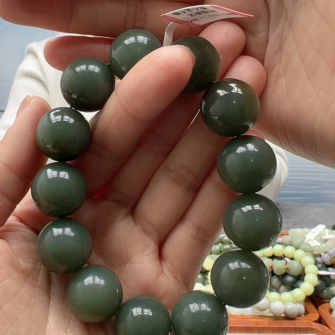 和田玉手串未镶嵌18且末正蓝