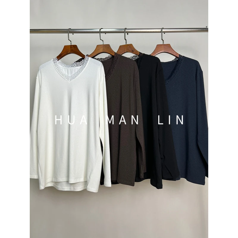 【花满林】四色V领蕾丝拼接长袖打底衫上衣35212