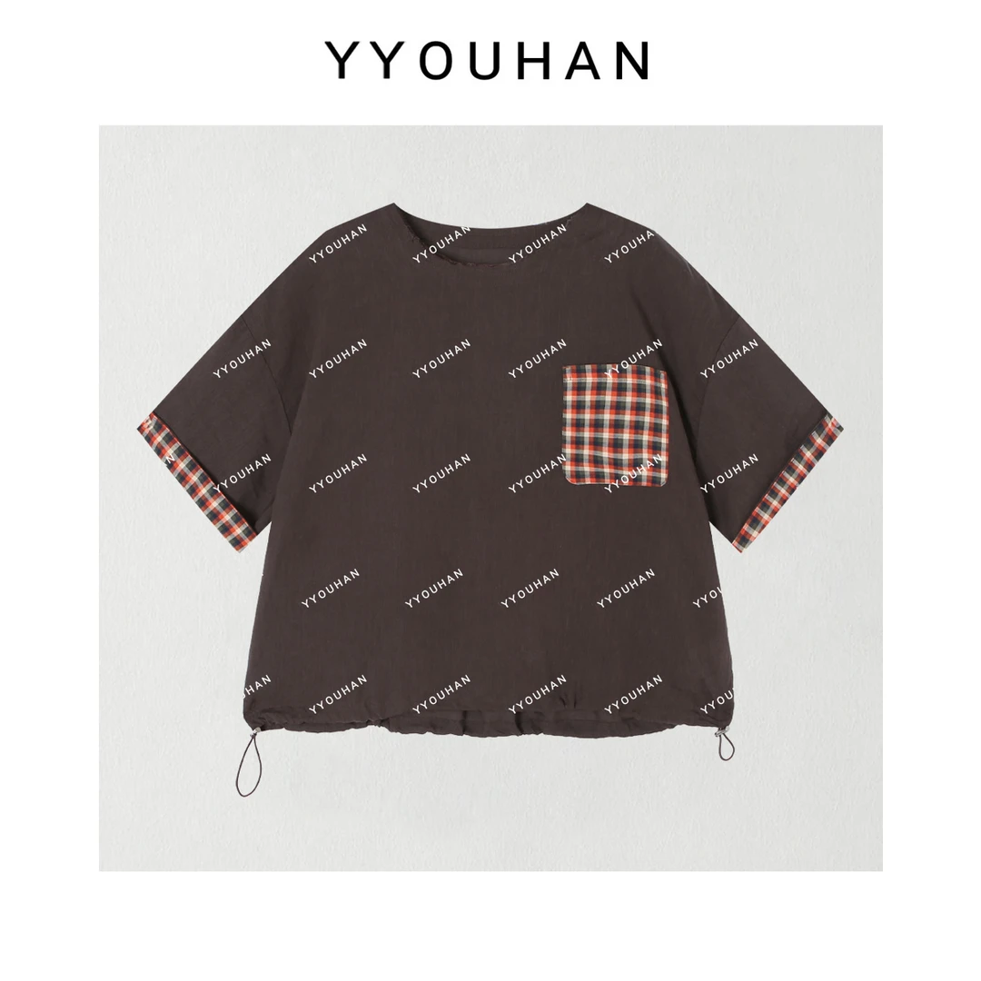 YYOUHAN 2025新款【博物馆】撞色格纹口袋显瘦百搭T恤 2507C3813
