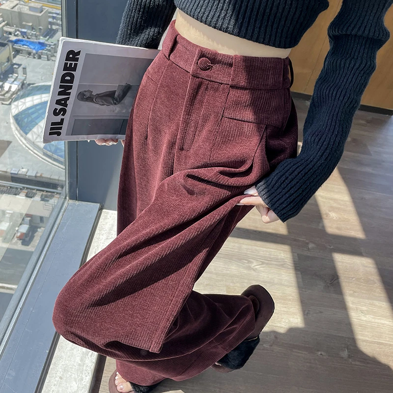 红色灯芯绒阔腿裤女秋冬加厚高腰显瘦宽松休闲软糯雪尼尔拖地裤子