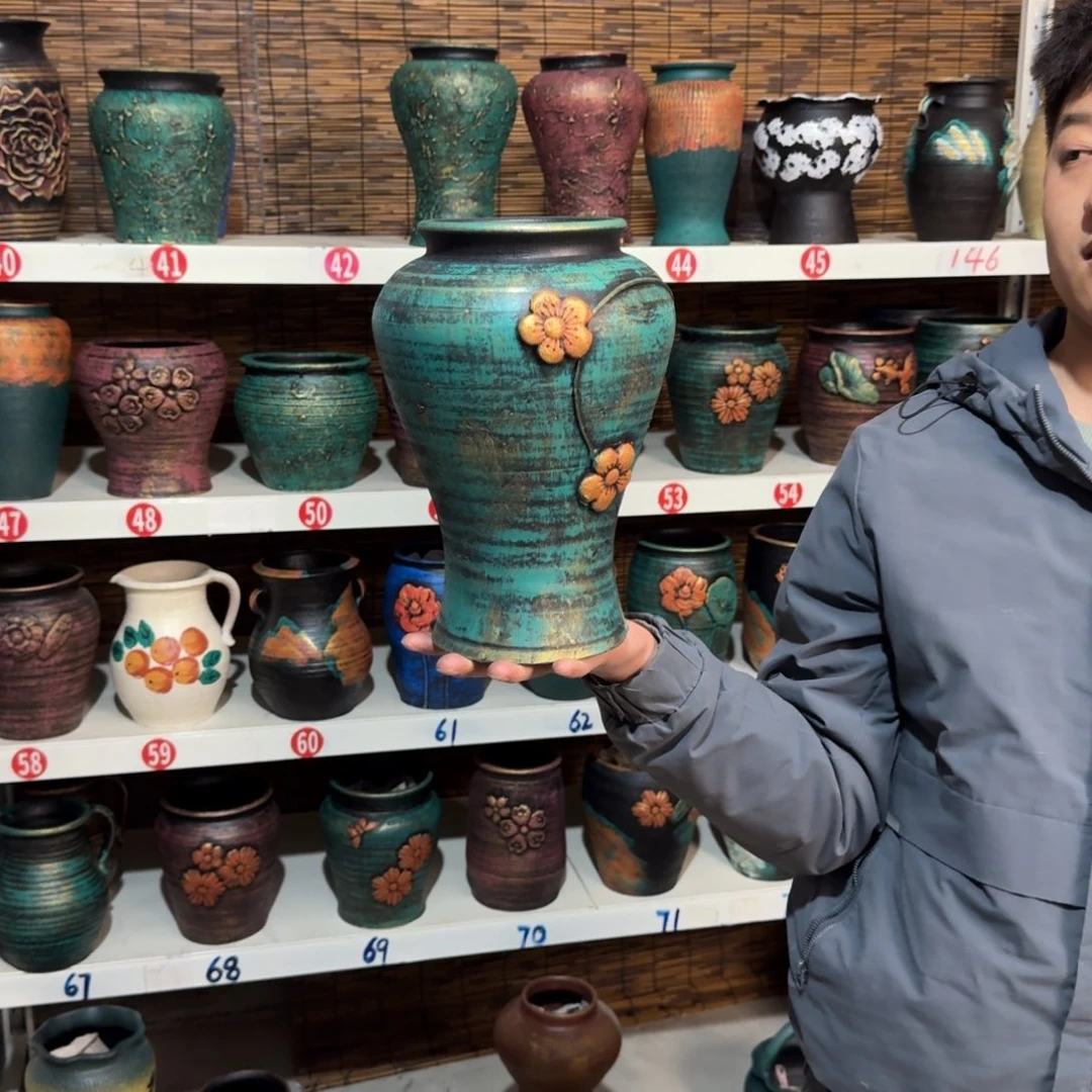 红陶红陶浮雕花盆炸炸炸