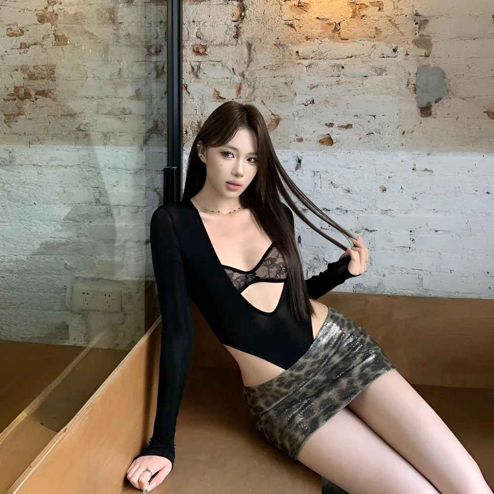 杜拉妮黑色深V领镂空蕾丝长袖连体衣女夏辣妹性感紧身收腰t恤上衣