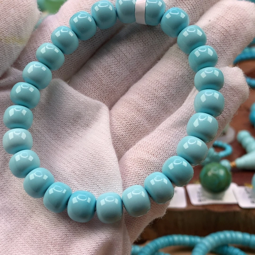 绿松石未镶嵌珠宝奇石高瓷蓝老型手串8.3mm