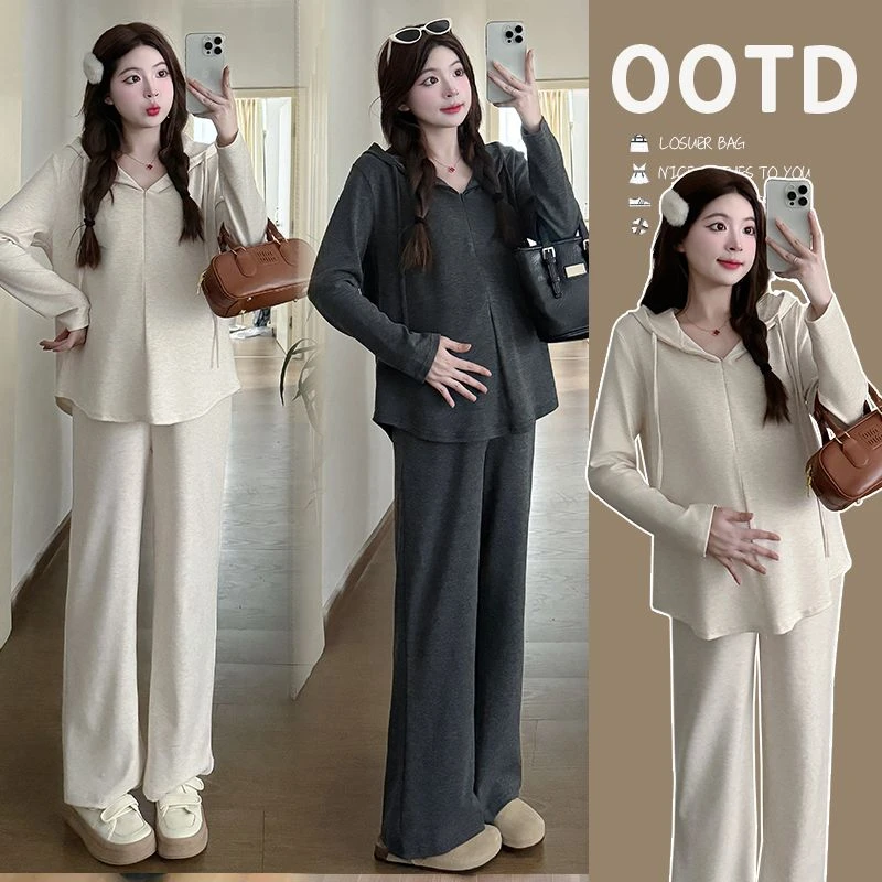 孕妇装2025新款春季休闲运动慵懒风半拉链连帽上衣+休闲裤套装