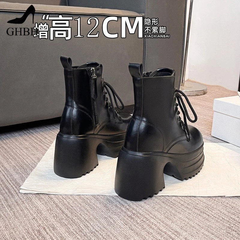 内增高厚底小个子马丁靴女新款英伦风系带拉链舒适粗跟短靴女