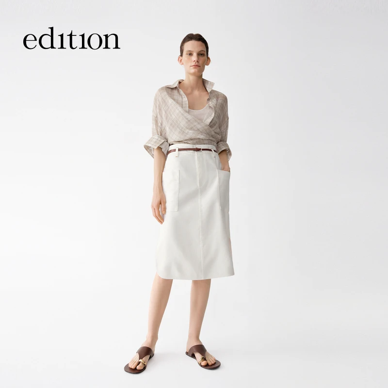 【商场同款】edition2025夏季新款亚麻直筒白色半身裙#EBE2SKT044