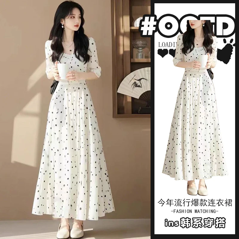 2025夏季穿搭静奢风气时尚质名媛轻熟连衣裙高级感波点白色连衣裙