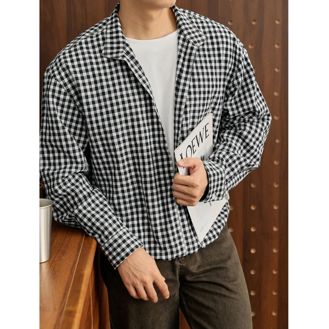 奥兰德保罗格纹假两件商务长袖衬衫男秋季半开襟下摆前短后长衬衣