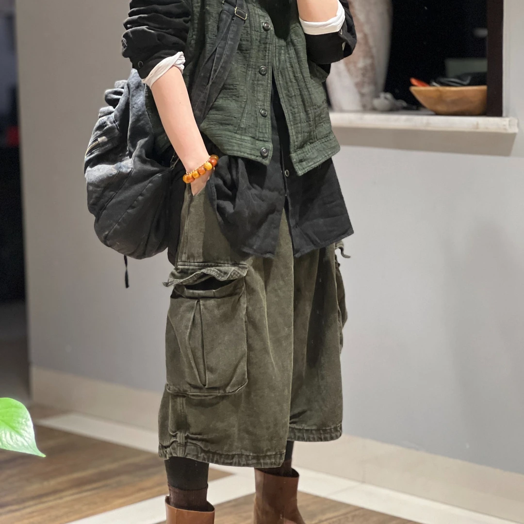 2025早春新品原创复古休闲大口袋靴裤时髦做旧炒色中裤工装裤