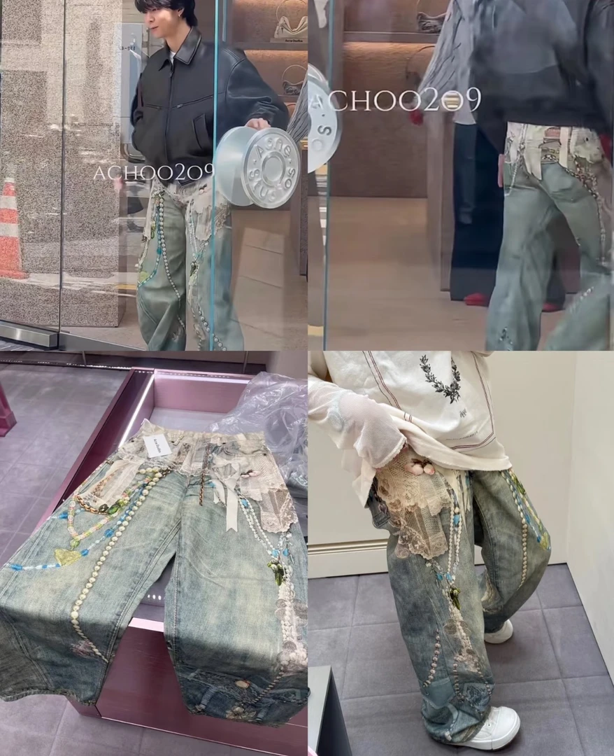 蕾丝珍珠3d打印低腰牛仔裤高货1981廓形