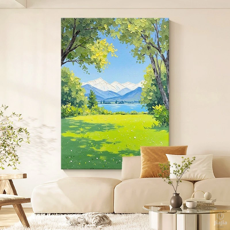 绿色森林纯手绘油画治愈系客厅装饰画奶油风玄关儿童房肌理挂画
